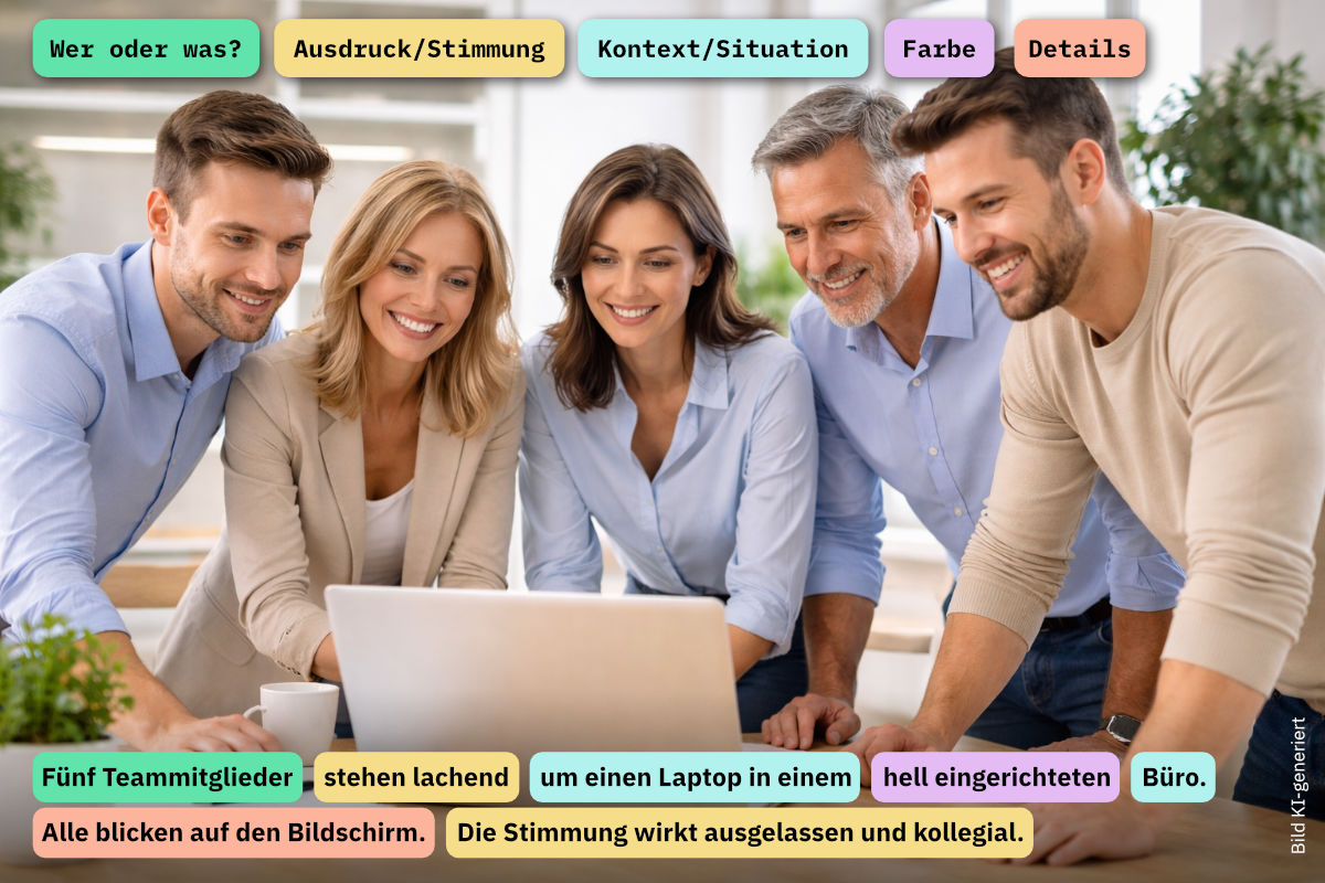 Fünf Teammitglieder stehen lachend um einen Laptop in einem hell eingerichteten Büro. Alle blicken auf den Bildschirm. Die Stimmung wirkt ausgelassen und kollegial. Darauf sind die 5 Bausteine abgebildet, unterschiedlich farbig hinterlegt: Wer oder was?, Ausdruck/Stimmung, Kontext/Situation, Farbe, Details. Unten auf dem Bild ist der Alt-Text abgebildet, je nach Baustein sind die Textteile farbig hinterlegt. Ein Hinweis zeigt, dass das Bild KI-generiert ist.