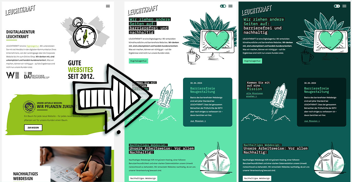Vergleich der alten Website von Leuchtkraft mit den beiden neuen Ansichten