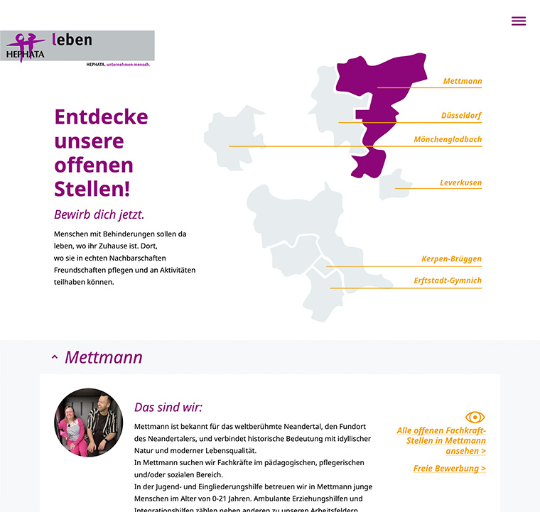 Screenshot zeigt die interaktive Karte der Gebiete, in denen Jobs ausgeschrieben sind.