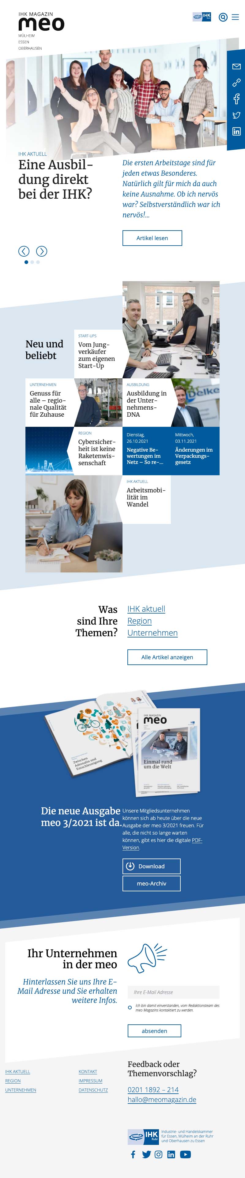 Bildschirmfoto zeigt die gesamte Startseite mit verschiedenen Inhaltselementen