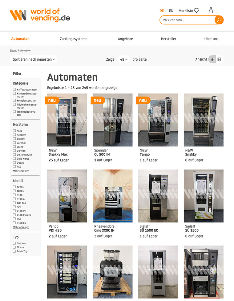 Shopansicht mit Filtern und Produktbildern