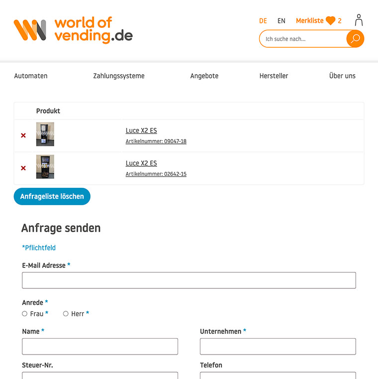 Teilansicht des Merkzettels mit zwei ausgewählten Maschinen